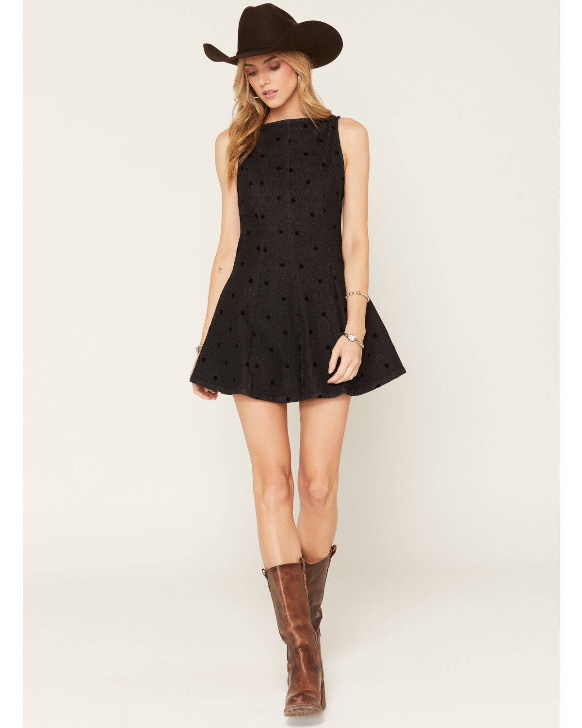 Image #1 - Cleo + Wolf Women's Polka Dot Denim Sleeveless Mini Dress, Black, hi-res