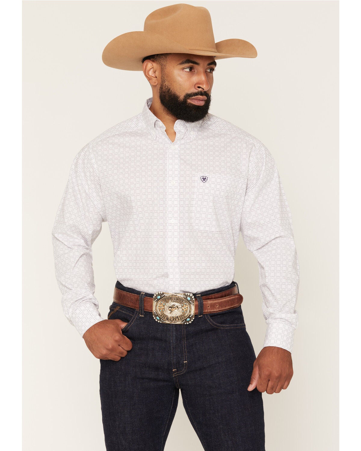 Image #1 - Ariat Men's Pace Geo Print Long Sleeve Button-Down Western Shirt - Tall, White, hi-res
