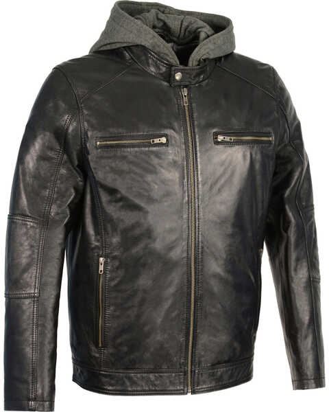 Milwaukee Leather Men's Snap Collar Leather Moto Jacket w/ Removable Hood - Big - 5X, Black, hi-res