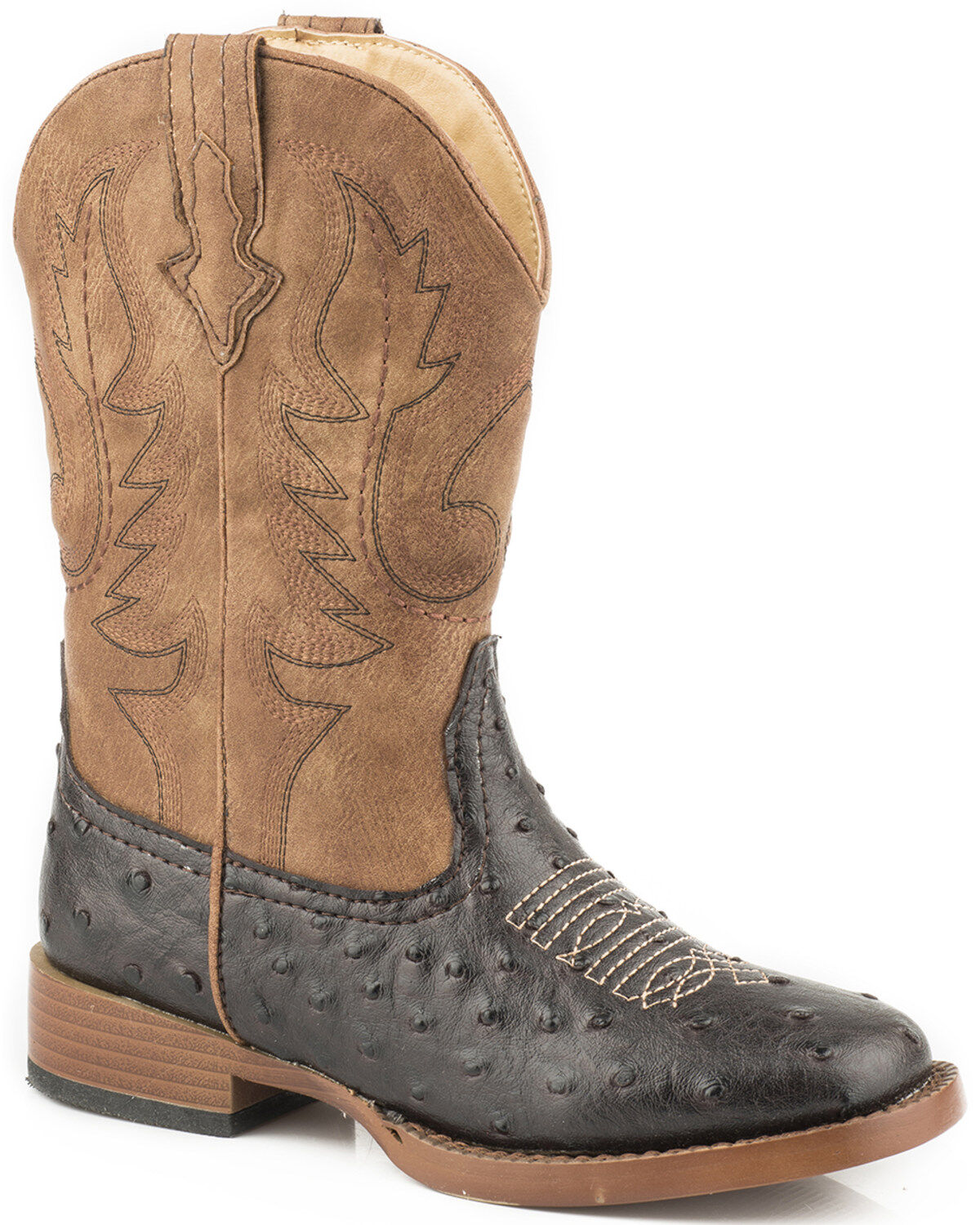 Roper Boys' Faux Ostrich Print Western Boots - Square Toe, Brown, hi-res