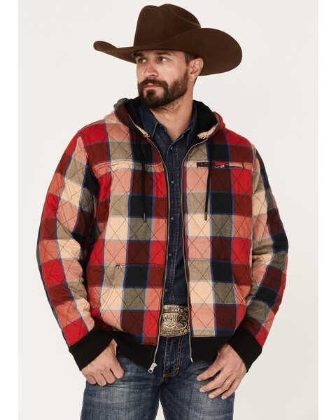 Wrangler Men's Zip Front Quilted Flannel Hooded Jacket, Red, hi-res