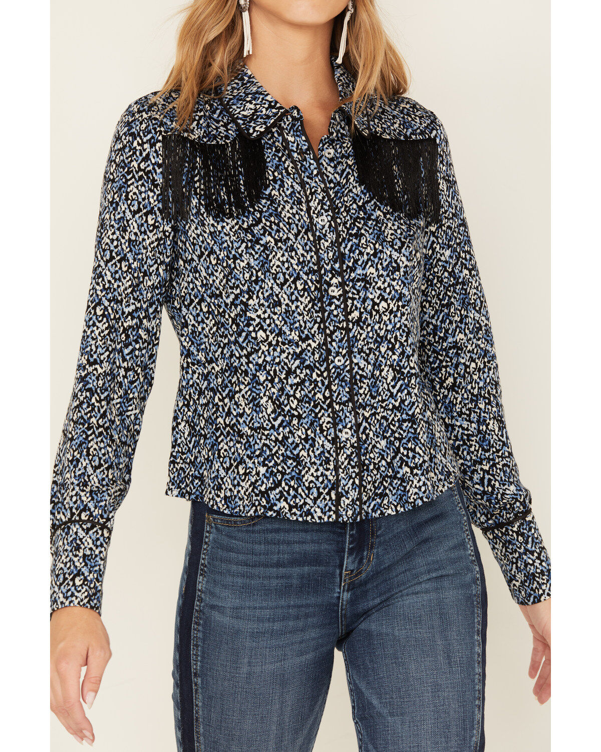 Image #3 - Idyllwind Women's Brooks Print Fringe Long Sleeve Button Down Shirt, Navy, hi-res