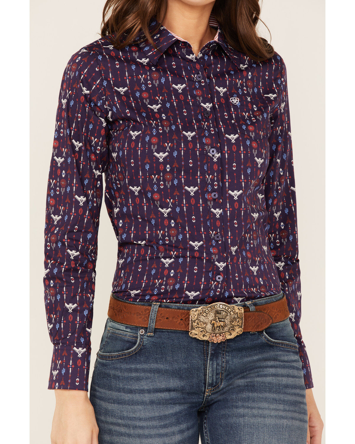 Image #3 - Ariat Women's Southwestern Print Long Sleeve Kirby Stretch Button-Down Shirt, Navy, hi-res