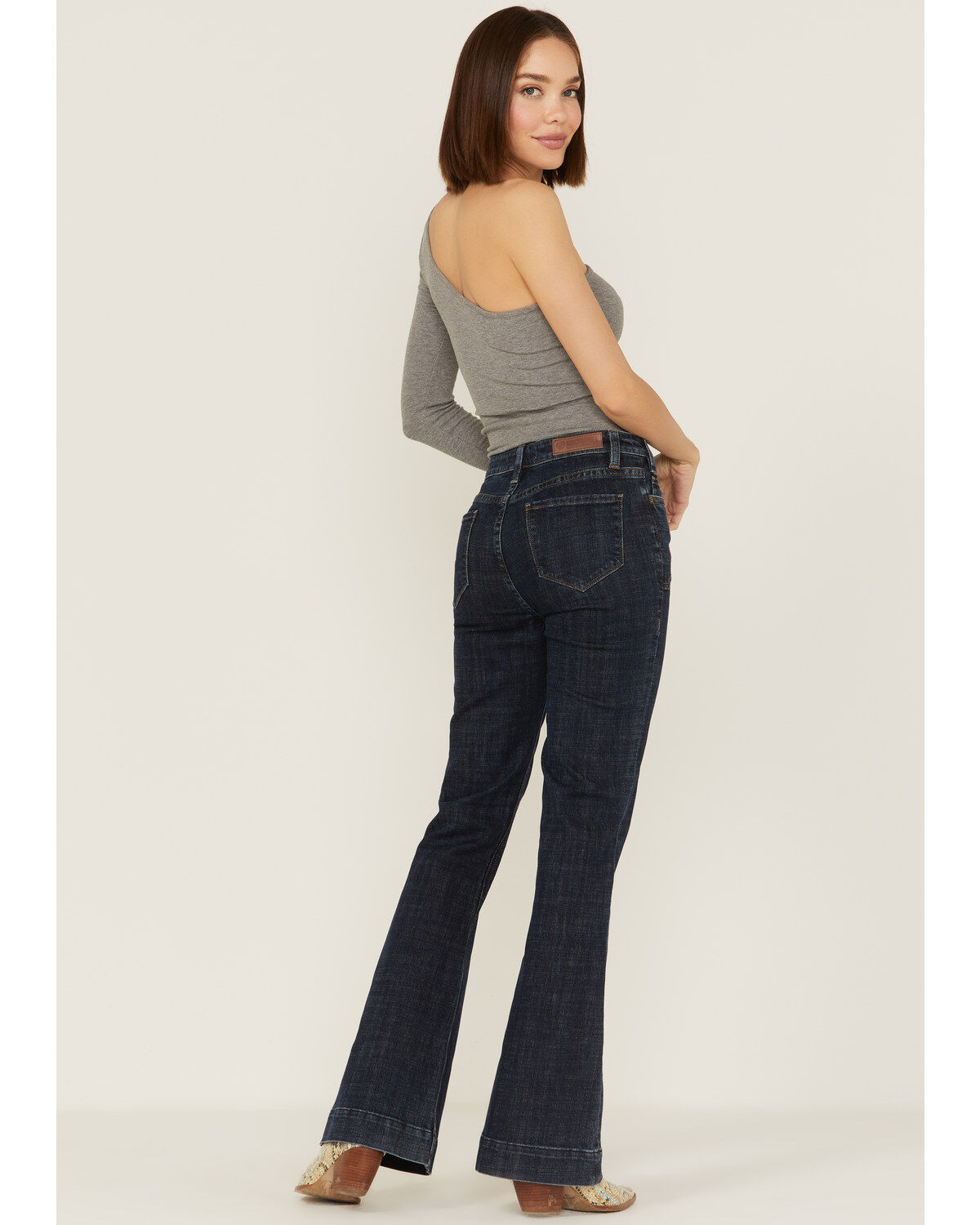 Image #3 - Rock & Roll Denim Women's Yoke Front Flare Jeans, Dark Blue, hi-res