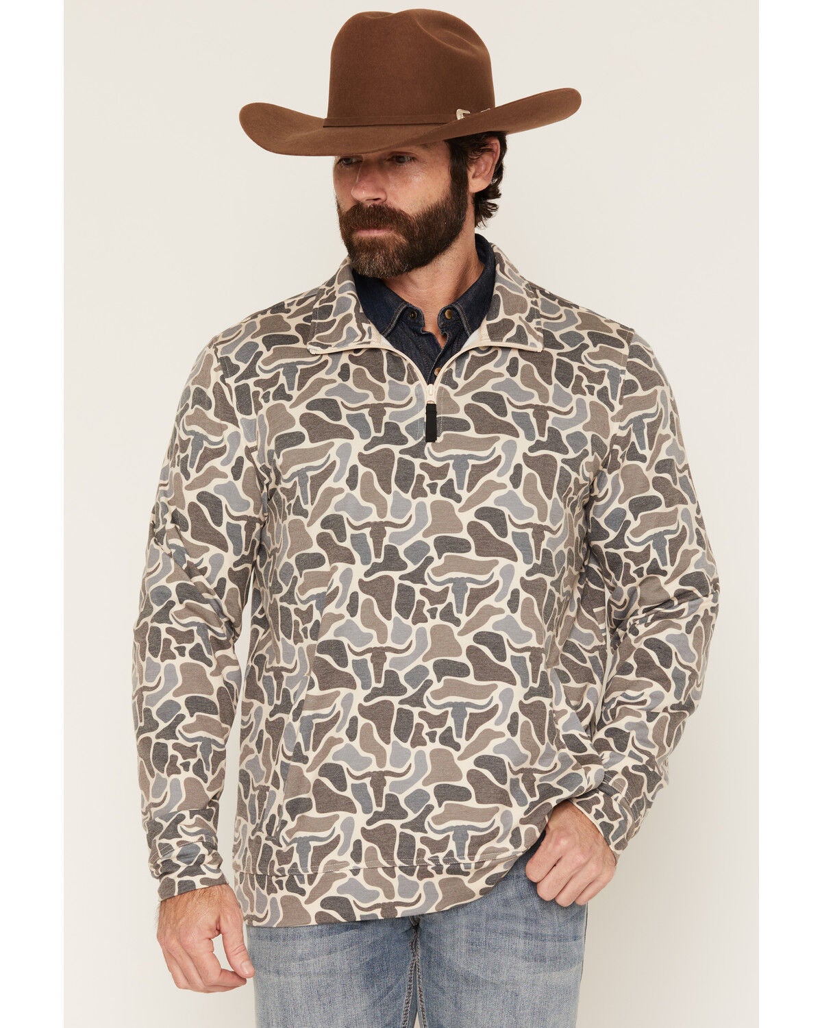 Image #1 - Rock & Roll Denim Men's Camo Print 1/4 Zip Pullover, Tan, hi-res