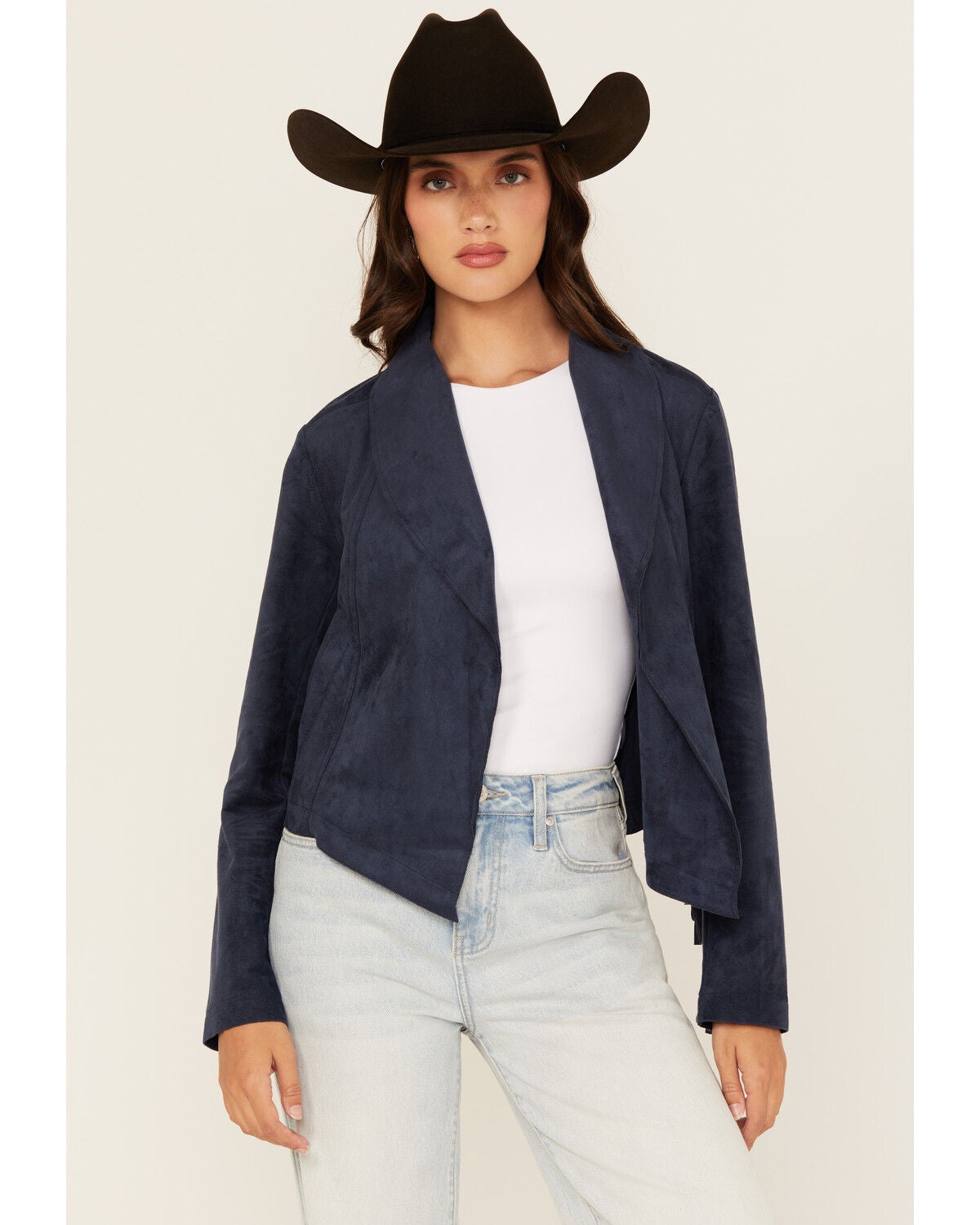 Shyanne Women's Faux Suede Fringe Jacket, Navy, hi-res