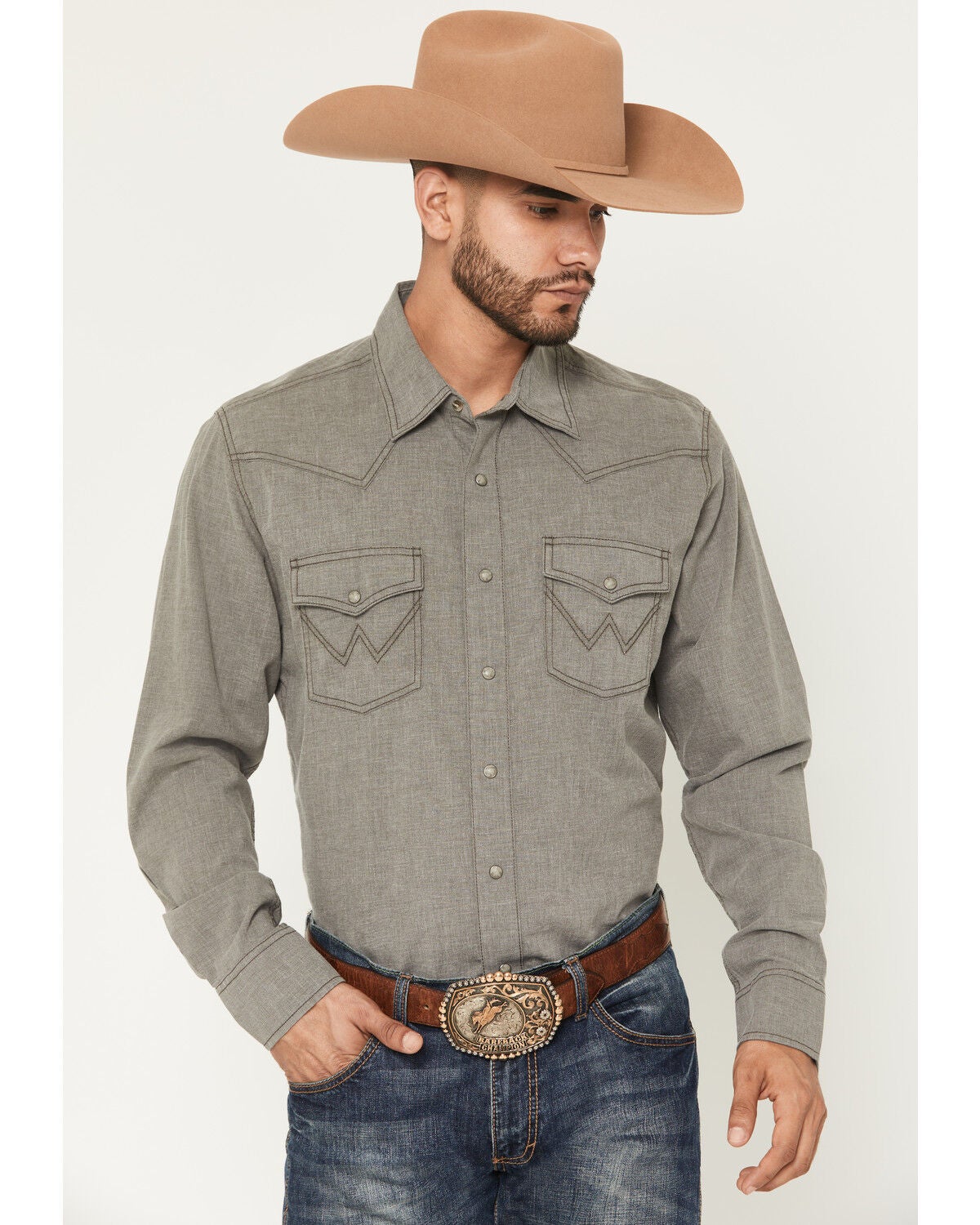 Wrangler Retro Men's Solid Long Sleeve Snap Western Shirt, Brown, hi-res