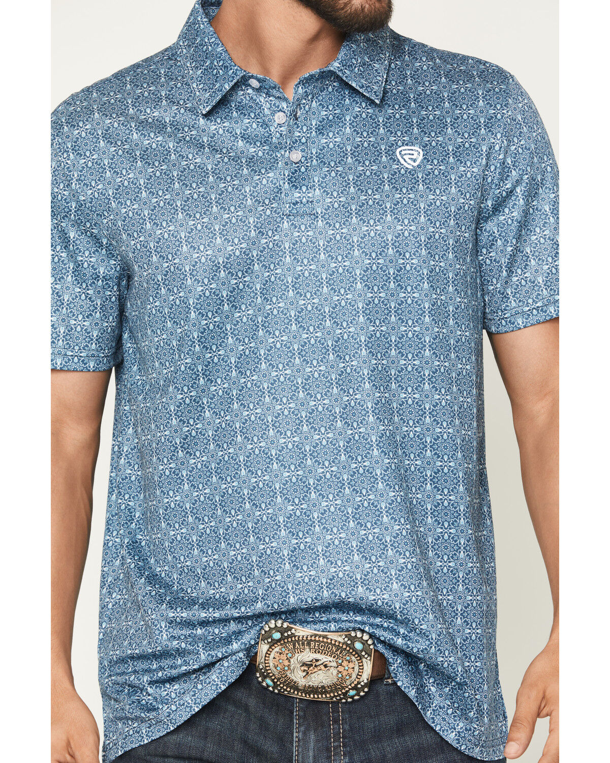 Image #3 - Rock & Roll Denim Men's Medallion Print Short Sleeve Button-Down Stretch Polo Shirt, Blue, hi-res