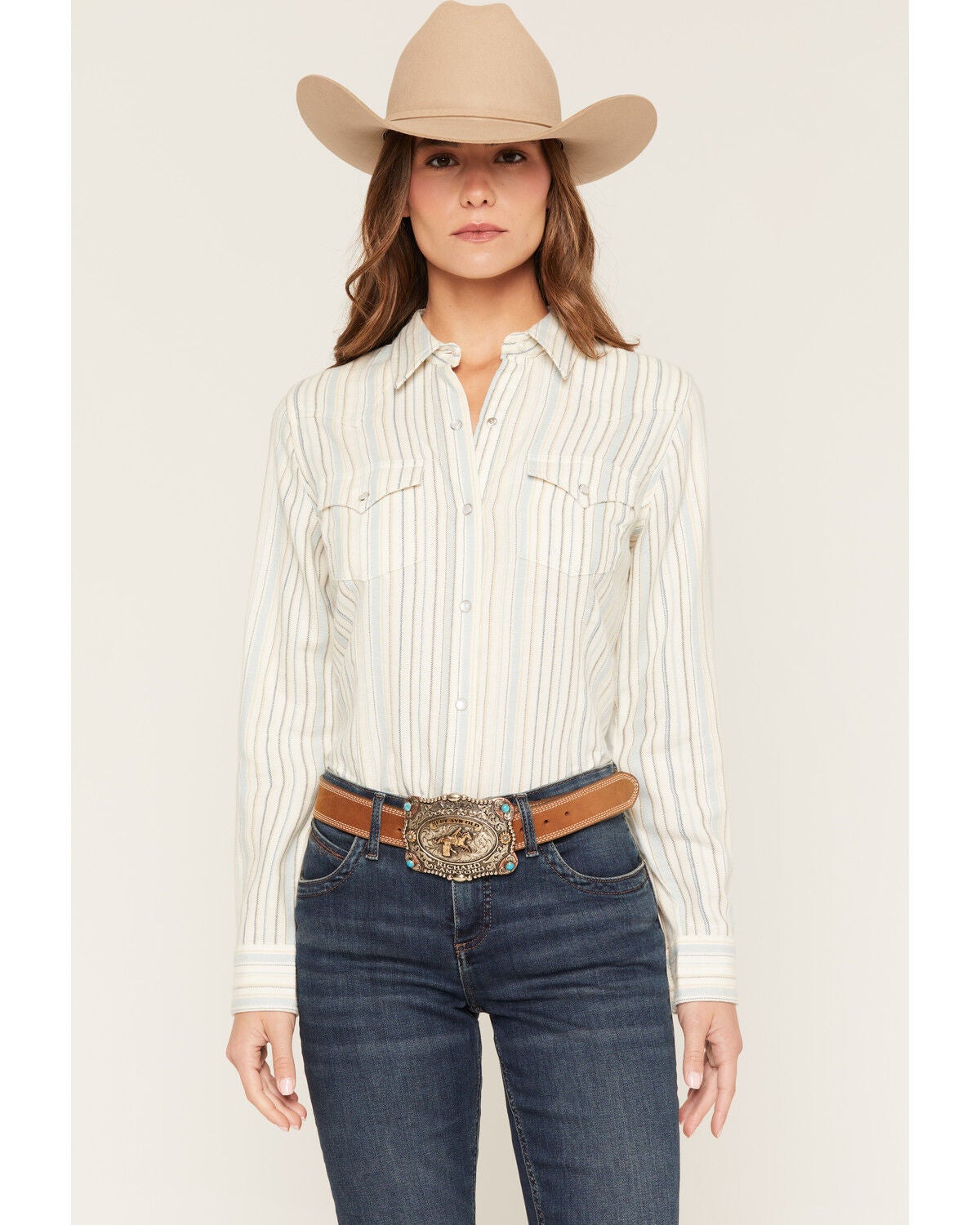 Image #1 - Wrangler Retro Women's Boot Barn Exclusive Striped Long Sleeve Pearl Snap Flannel Shirt, Blue, hi-res