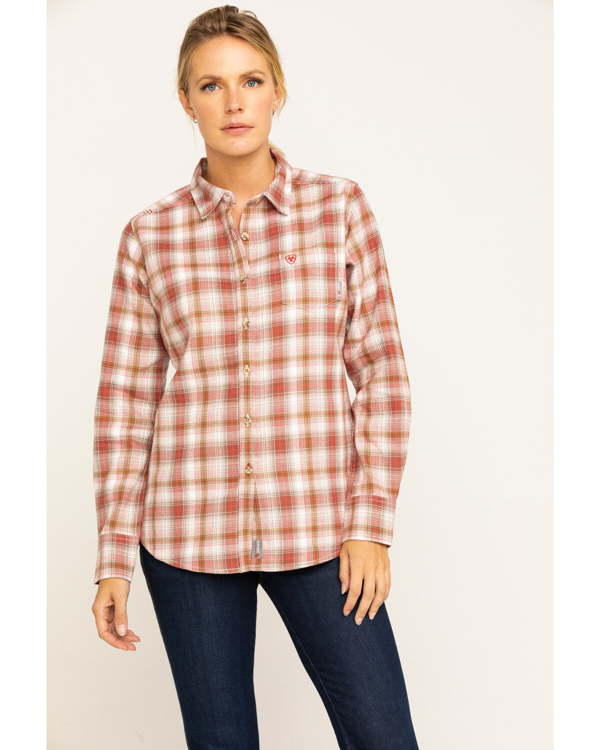 Image #1 - Ariat Women's Boot Barn Exclusive FR Victoria Plaid Print Long Sleeve Work Shirt, , hi-res