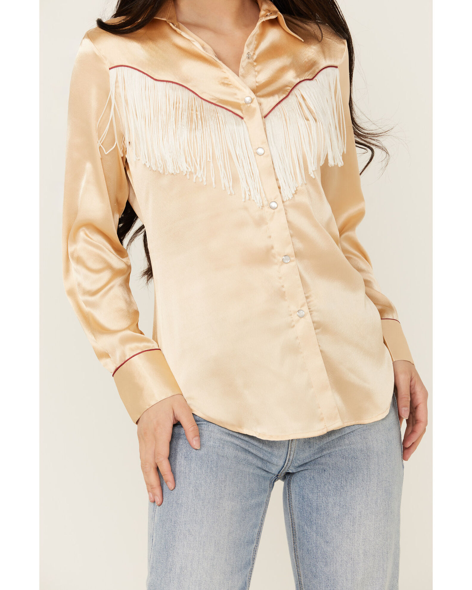 Image #3 - Scully Women's Fringe Long Sleeve Snap Western Shirt, Tan, hi-res
