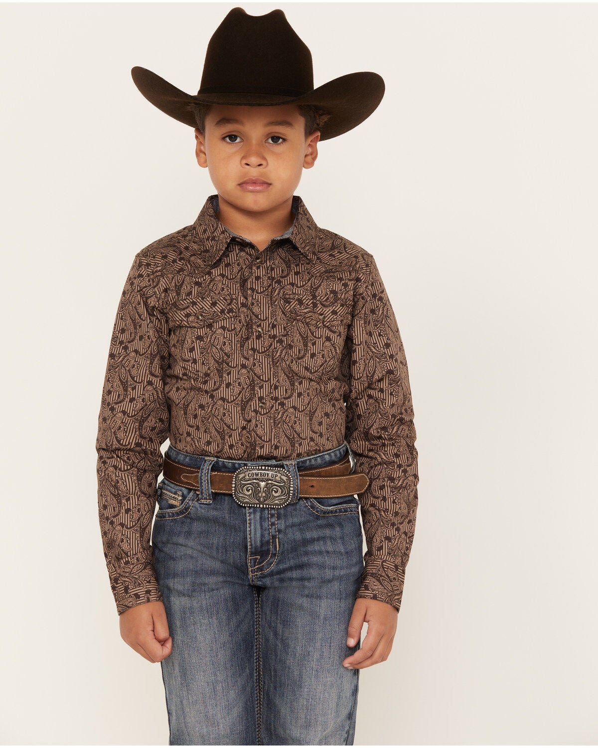 Cody James Boys' Linear Paisley Print Long Sleeve Western Snap Shirt, Charcoal, hi-res