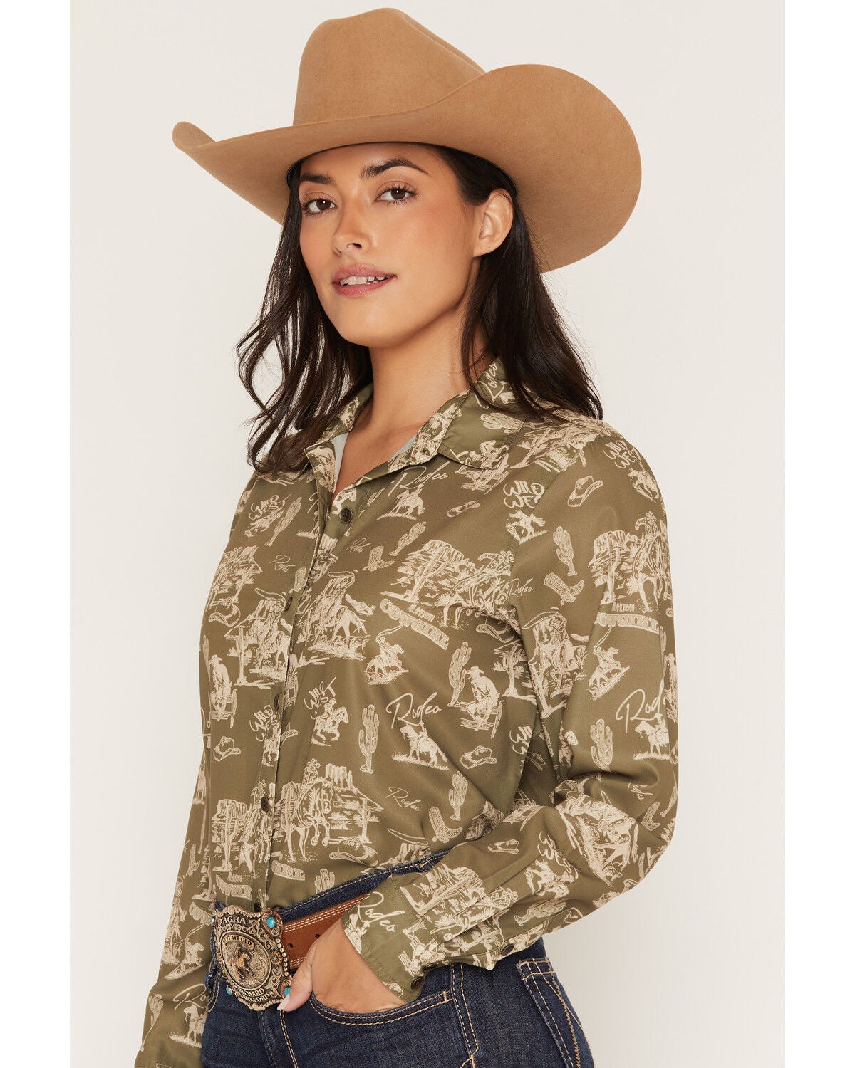 Image #2 - Ariat Women's Homestyle Rodeo Conversational Print Long Sleeve Button-Down Western Shirt, Moss Green, hi-res