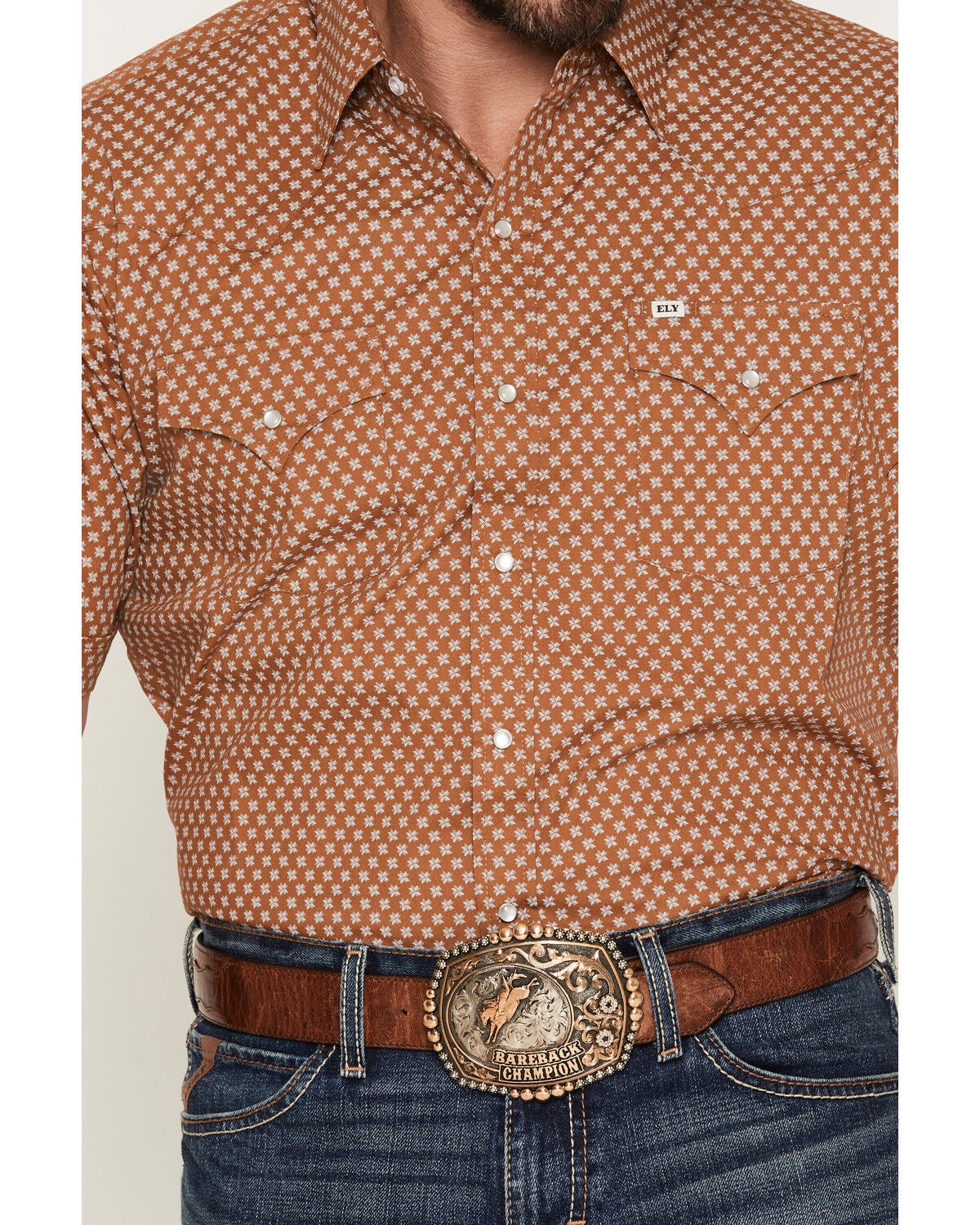Image #3 - Ely Walker Men's Geo Print Short Sleeve Pearl Snap Western Shirt - Tall, Tan, hi-res