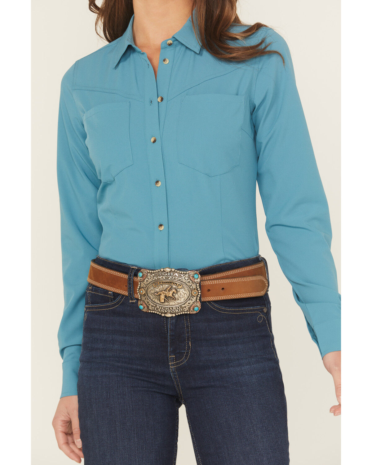 Image #3 - Shyanne Women's Solid Long Sleeve Button-Down Performance Shirt, Turquoise, hi-res