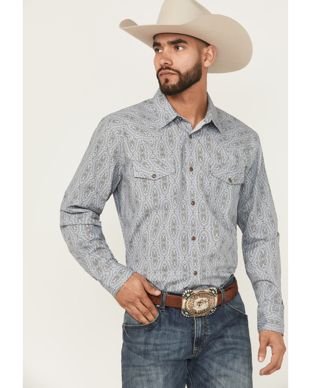 Image #1 - Gibson Trading Co Men's Ride The Wind Medallion Print Long Sleeve Snap Stretch Western Shirt, Light Blue, hi-res