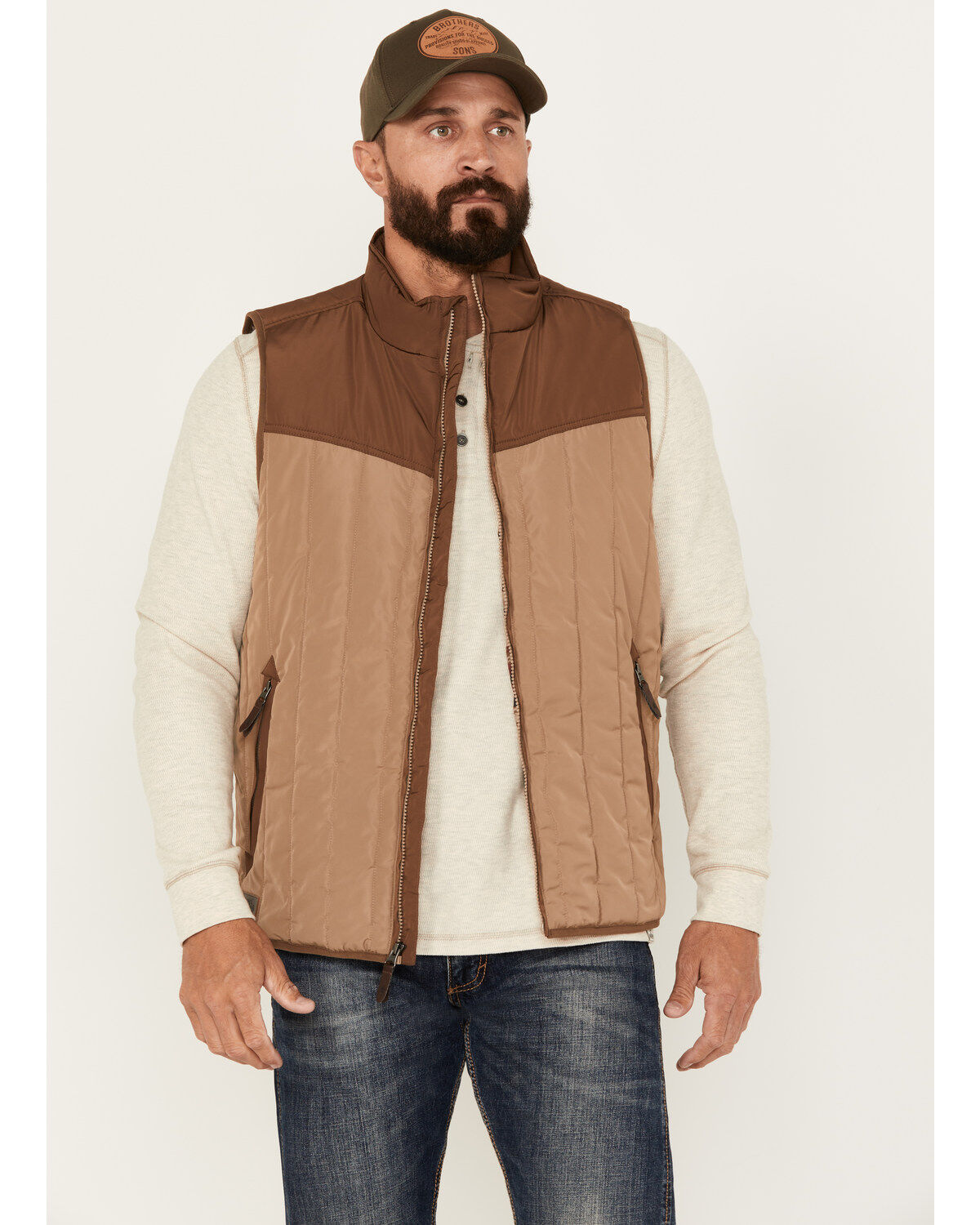 Moonshine Spirit Men's Southwestern Print Lined Puffer Vest, Oatmeal, hi-res