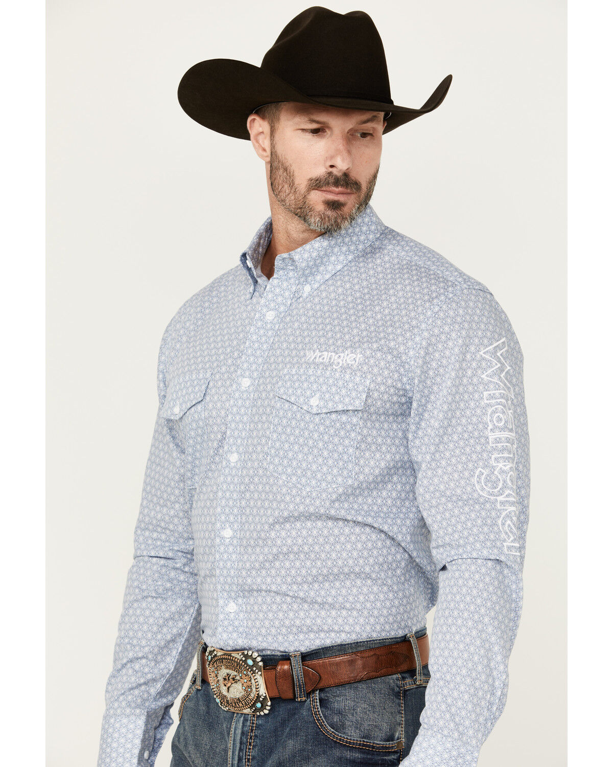 Image #2 - Wrangler Men's Logo Geo Print Long Sleeve Button-Down Western Shirt, Light Blue, hi-res