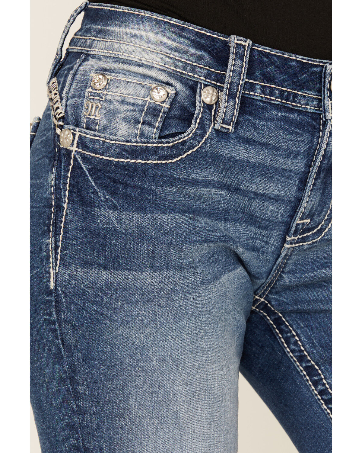 Product Name:  Miss Me Women's Medium Wash Mid Rise Southwestern Print Pocket Bootcut Stretch Denim Jeans
