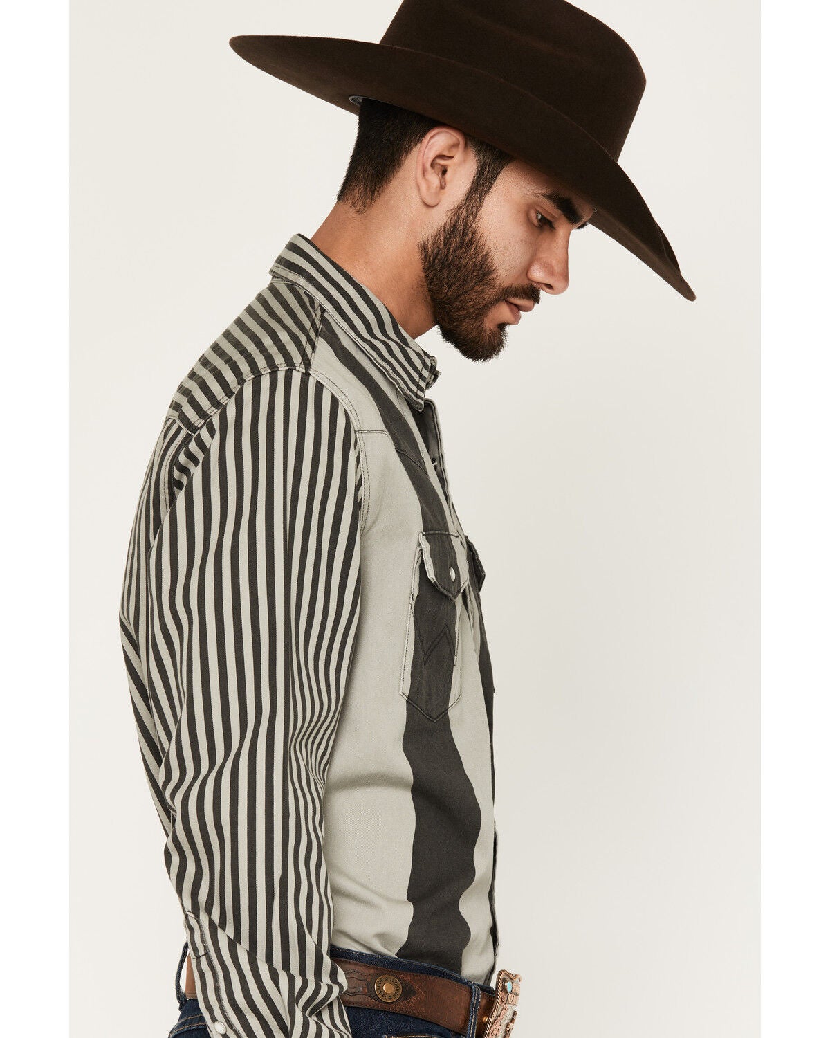 Image #2 - Wrangler Men's Vintage Brushpopper Striped Print Long Sleeve Snap Western Shirt, Grey, hi-res