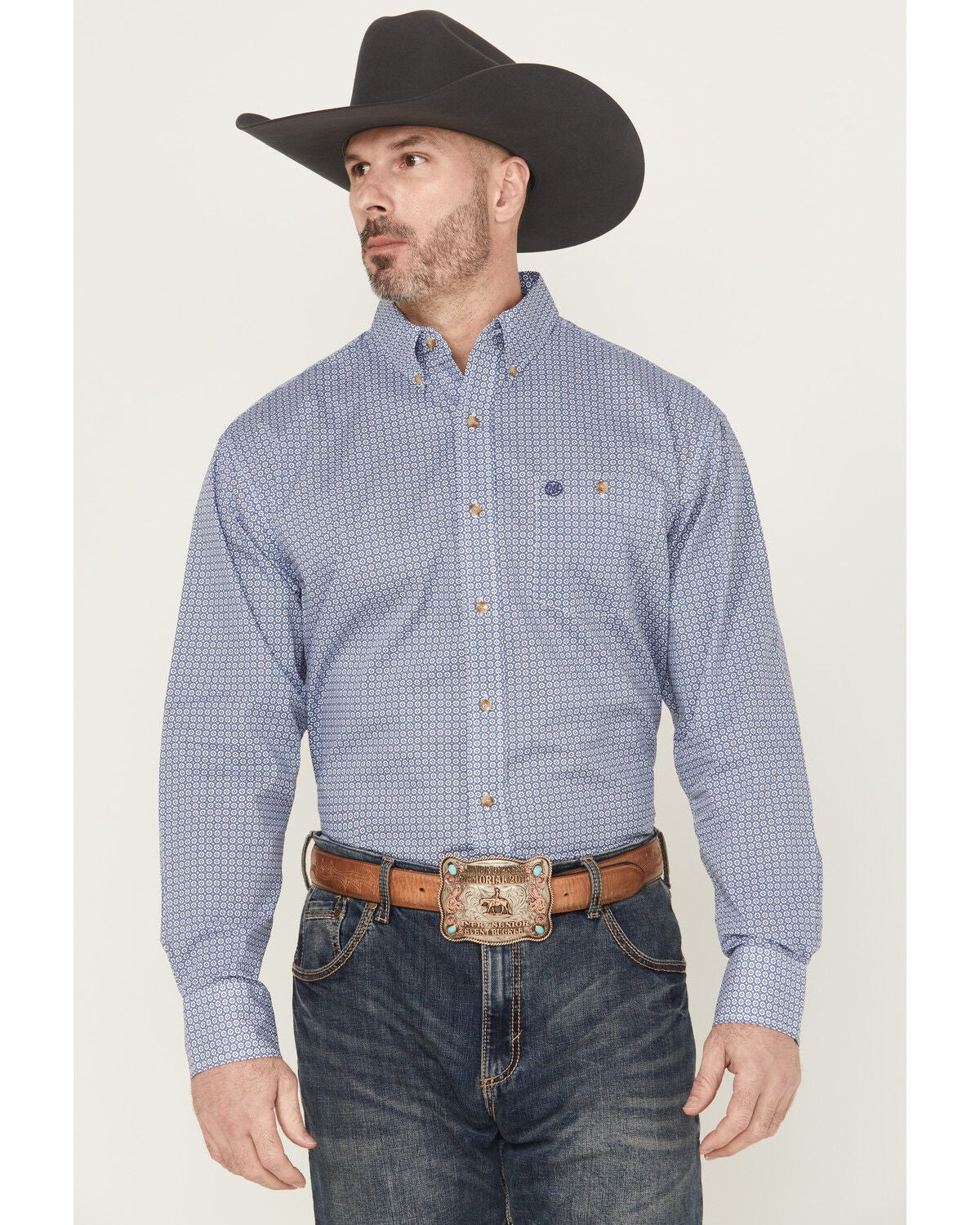 Wrangler Men's Geo Print Long Sleeve Button-Down Stretch Western Shirt - Tall, Blue, hi-res