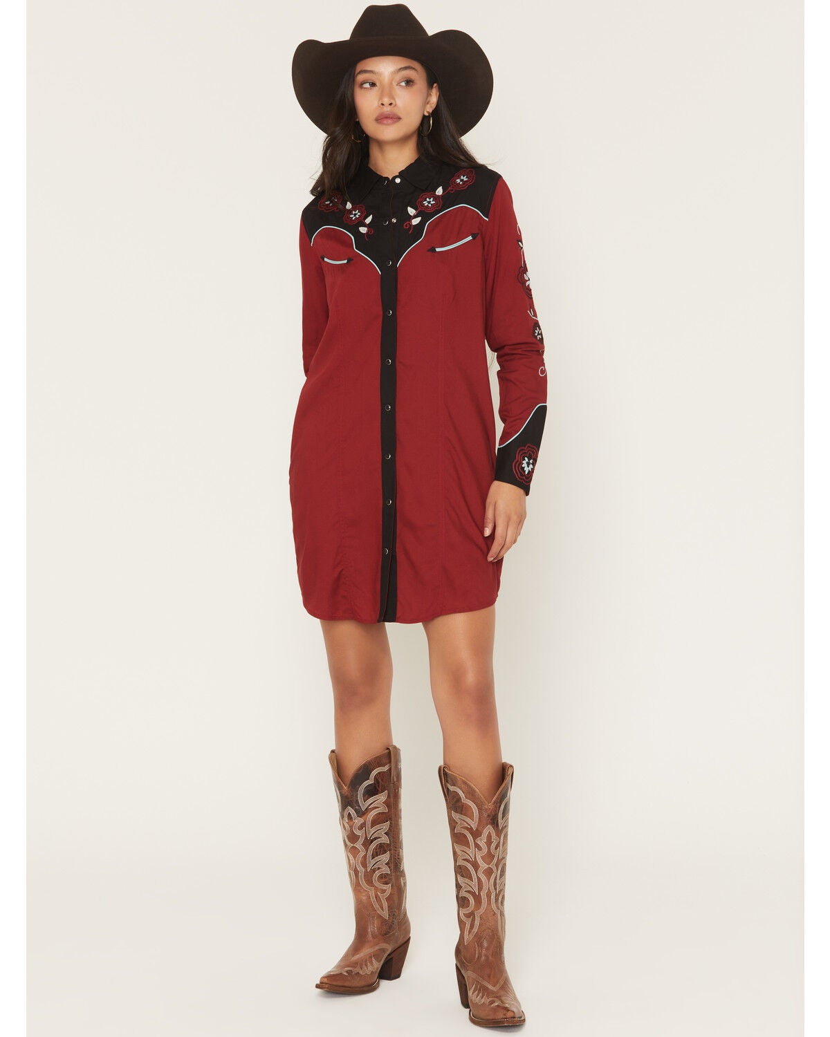 Panhandle Slim Women's Boot Barn Exclusive Long Sleeve Retro Embroidered Challis Mini Dress, Burgundy, hi-res