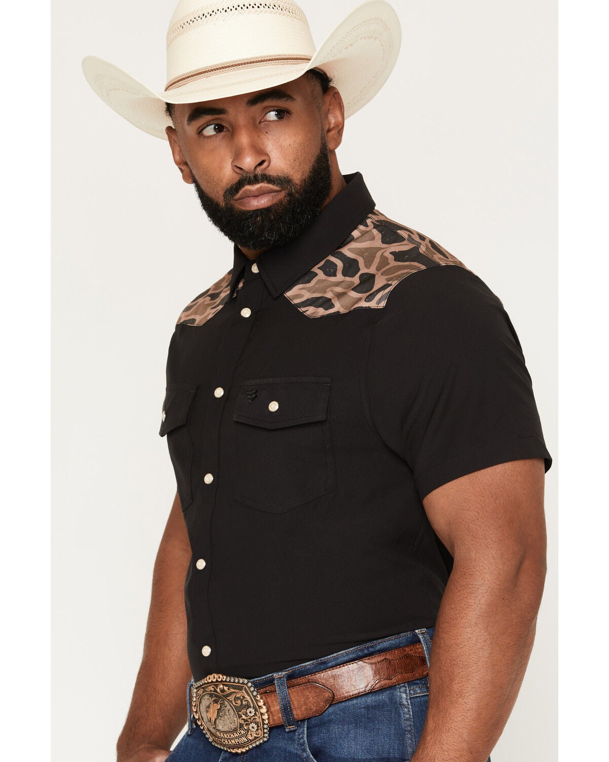 Image #2 - Burlebo Men's Camo Color Block Short Sleeve Snap Performance Western Shirt, Black, hi-res