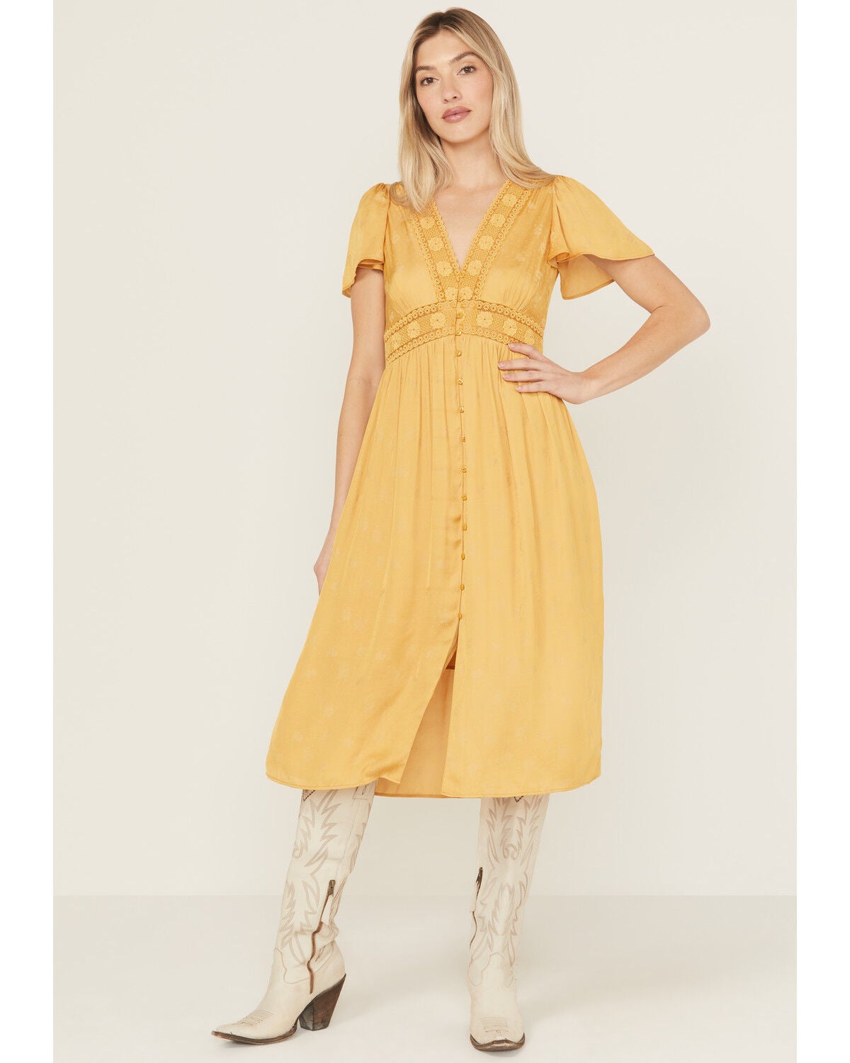 Beyond The Radar Women's Short Sleeve Floral Lace Midi Dress, Mustard, hi-res