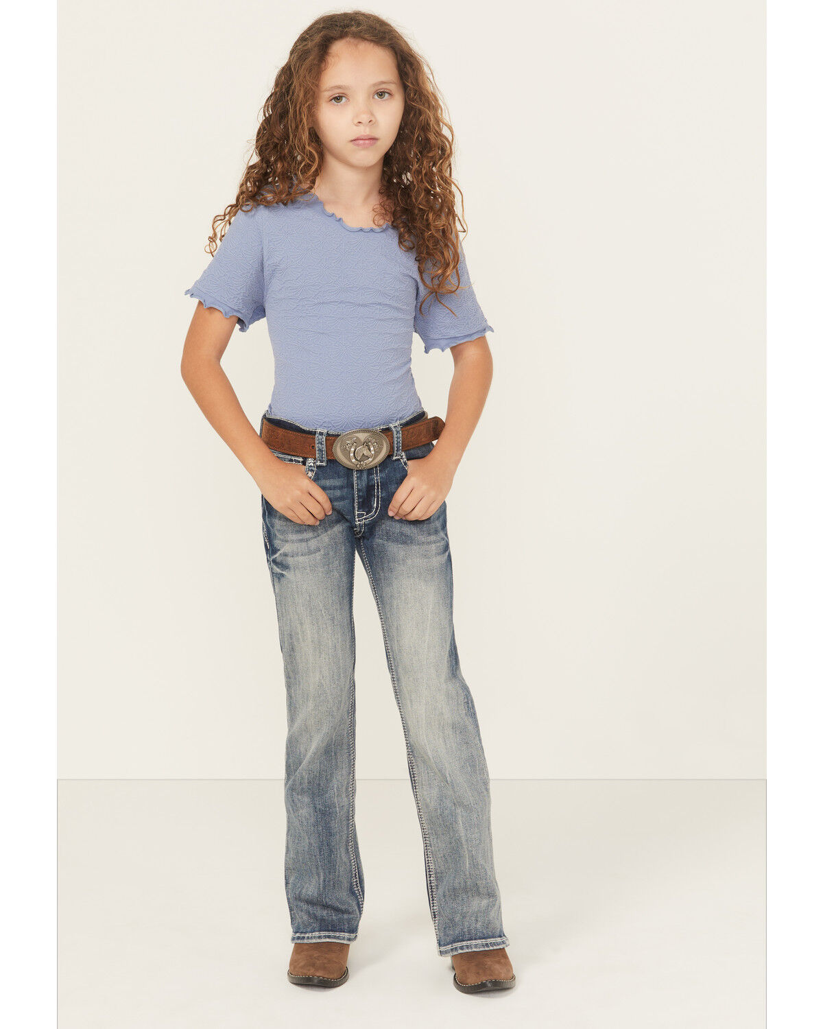 Product Name:  Grace in LA Little Girls' Light Wash Double Horseshoe Pocket Bootcut Stretch Denim Jeans