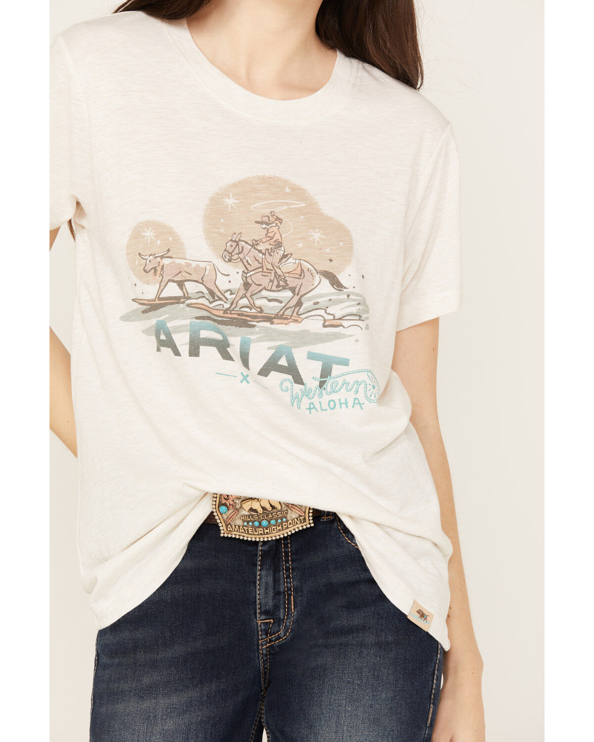 Image #3 - Ariat Women's Boot Barn Exclusive Surfin' Longhorn Aloha Short Sleeve Graphic Tee, Ivory, hi-res