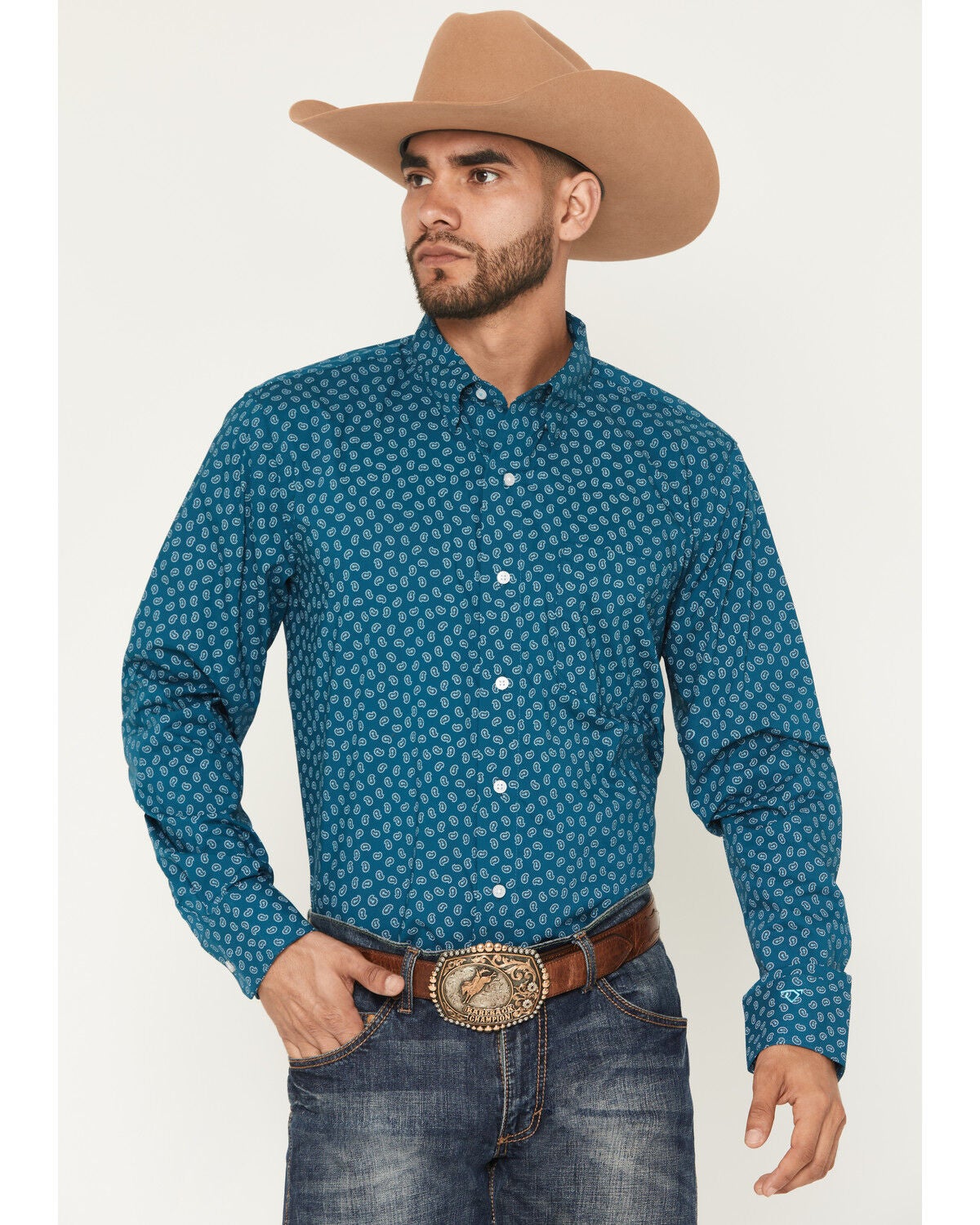 Wrangler X Cody Johnson Men's Paisley Print Long Sleeve Button-Down Western Shirt, Dark Teal, hi-res
