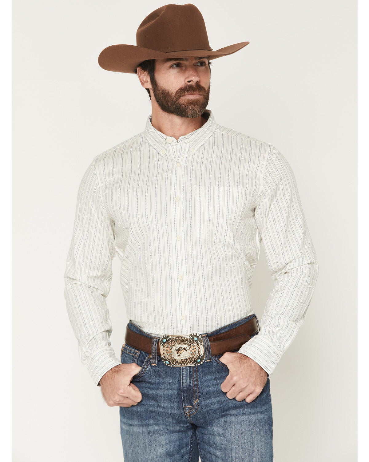 Image #1 - Cody James Men's Cade Dobby Stripe Print Long Sleeve Button-Down Western Shirt, Off White, hi-res