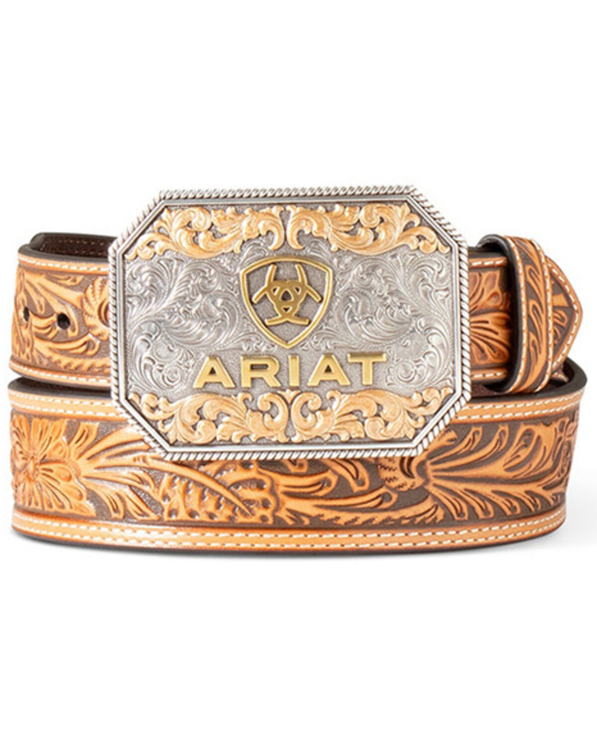Image #1 - Ariat Men's Floral Embossed Leather Buckle Belt, Tan, hi-res