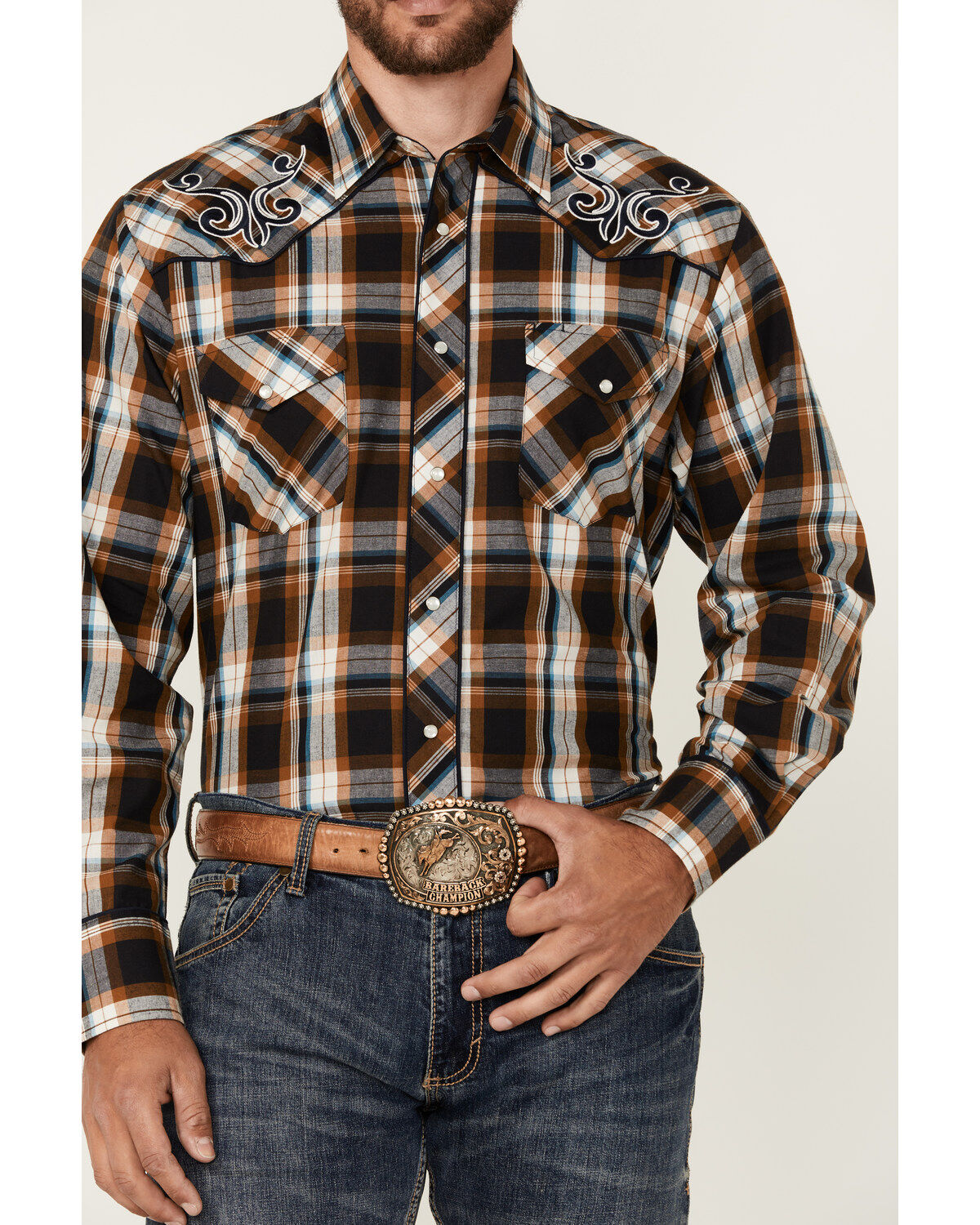 Image #3 - Roper Men's Embroidered Yoke Plaid Print Long Sleeve Snap Western Shirt, Multi, hi-res