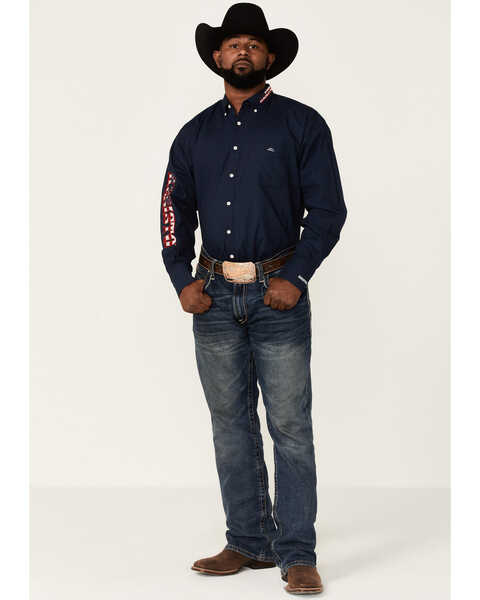 Resistol Men's Navy USA Logo Embroidered Long Sleeve Button Down Western Shirt , Navy, hi-res