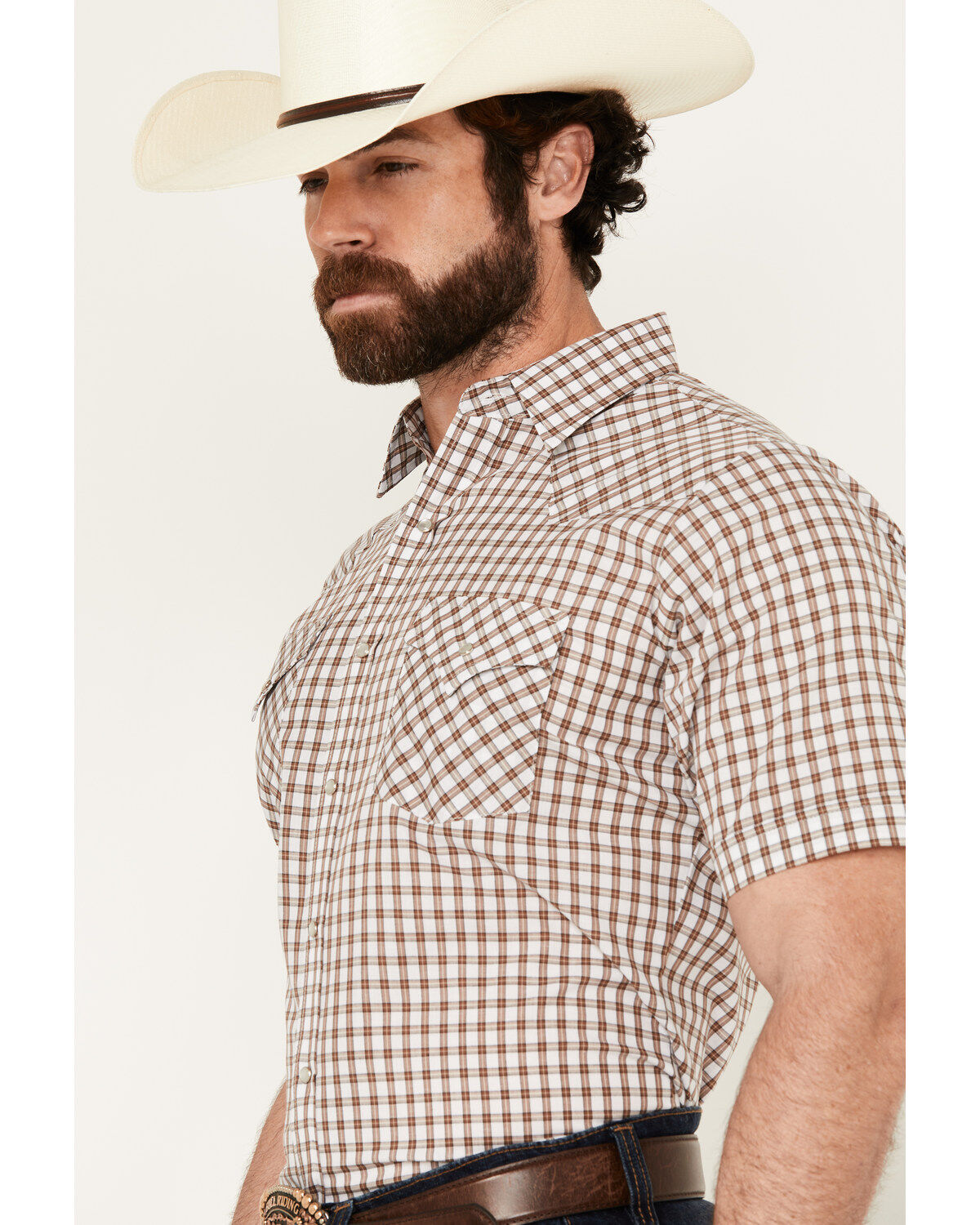 Image #2 - Ely Walker Men's Checkered Print Short Sleeve Snap Western Shirt, Brown, hi-res
