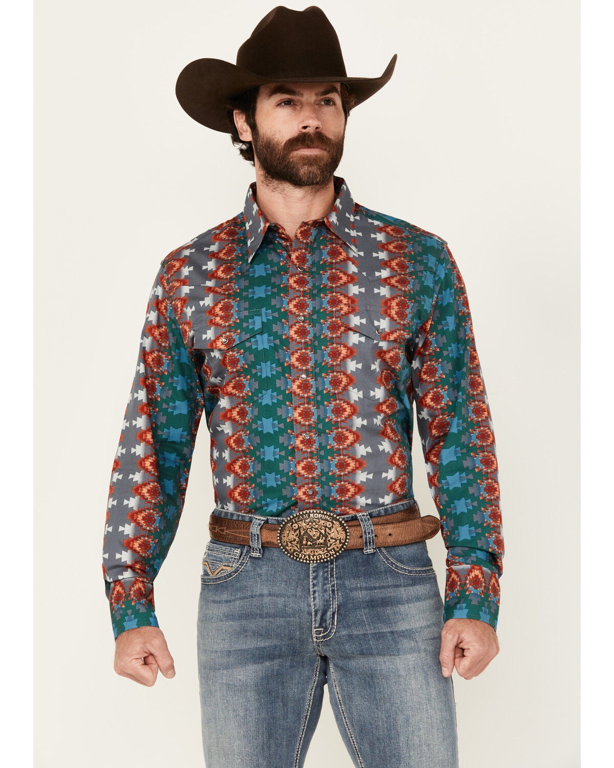 Wrangler Men's Checotah Southwestern Print Long Sleeve Snap Western Shirt, Multi, hi-res