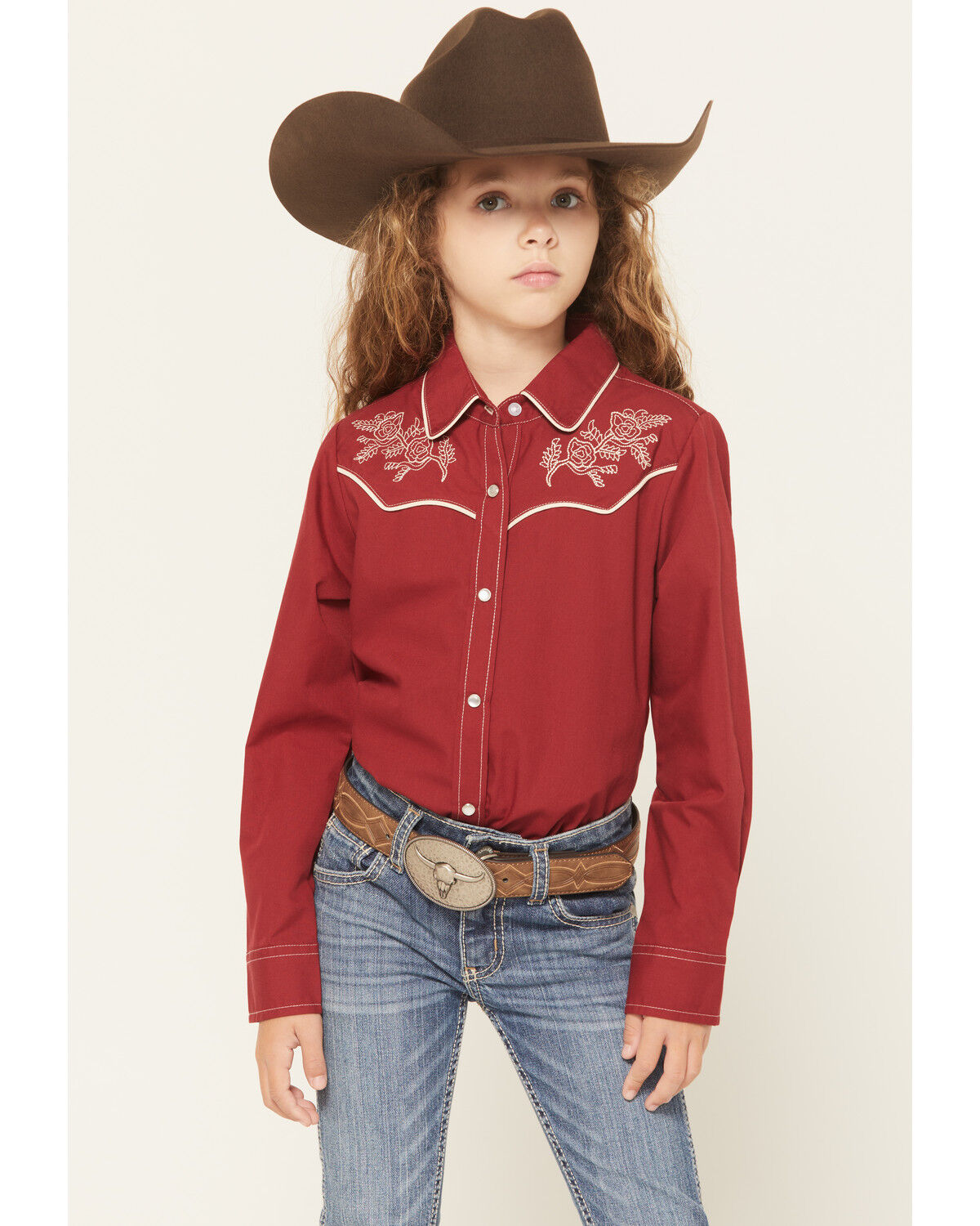 Image #1 - Ely Walker Girls' Solid Floral Embroidered Long Sleeve Snap Western Shirt, Red, hi-res