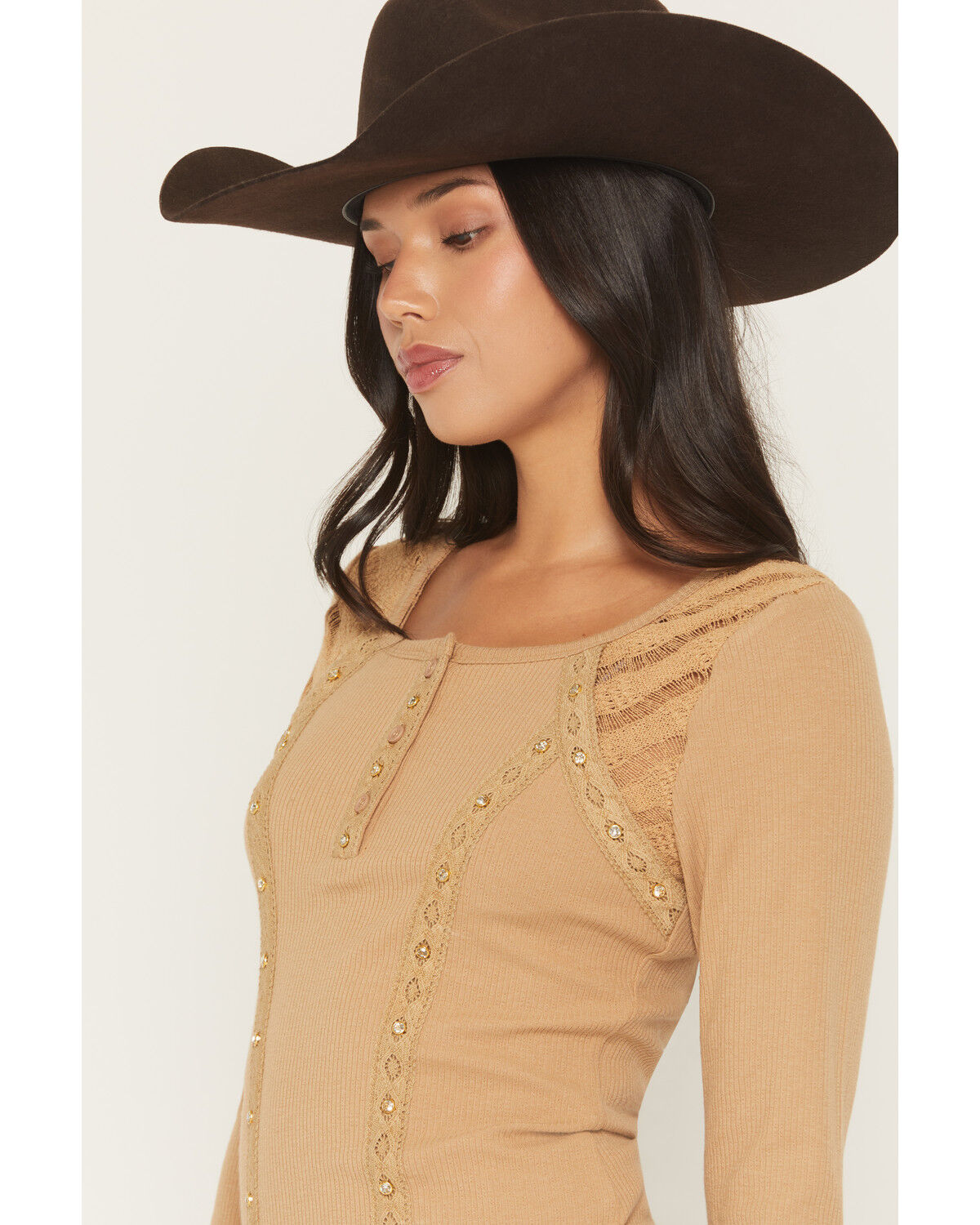 Image #2 - Miss Me Women's Embellished Lace Long Sleeve Shirt, Brown, hi-res