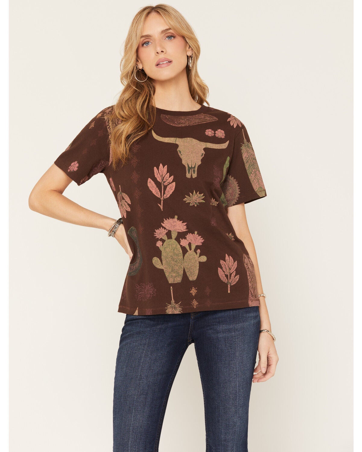 Shyanne Women's Western Conversational Short Sleeve Graphic Tee, Cognac, hi-res