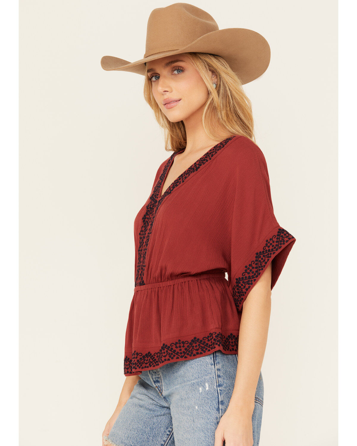 Image #2 - Shyanne Women's Embroidered Sleeve Peplum Top, Brick Red, hi-res