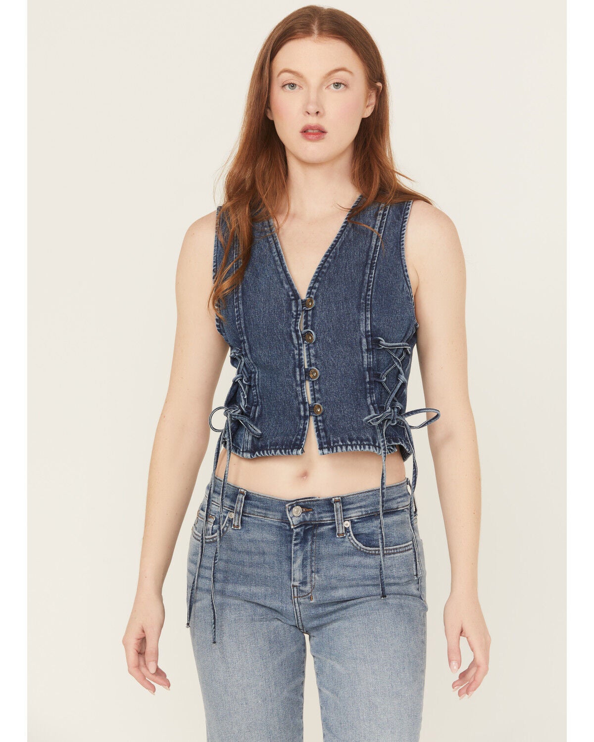 Saints & Hearts Women's Medium Wash Side Tie Button-Down Denim Vest, Medium Wash, hi-res