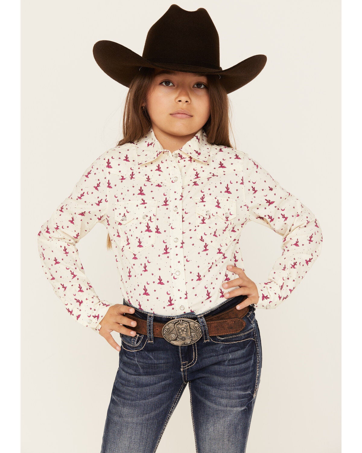 Shyanne Girls' Cactus Print Long Sleeve Pearl Snap Shirt, Ivory, hi-res