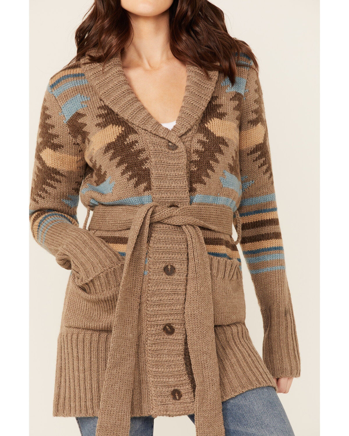 Stetson Women's Beige Chunky Knit Southwestern Print Cardigan Sweater