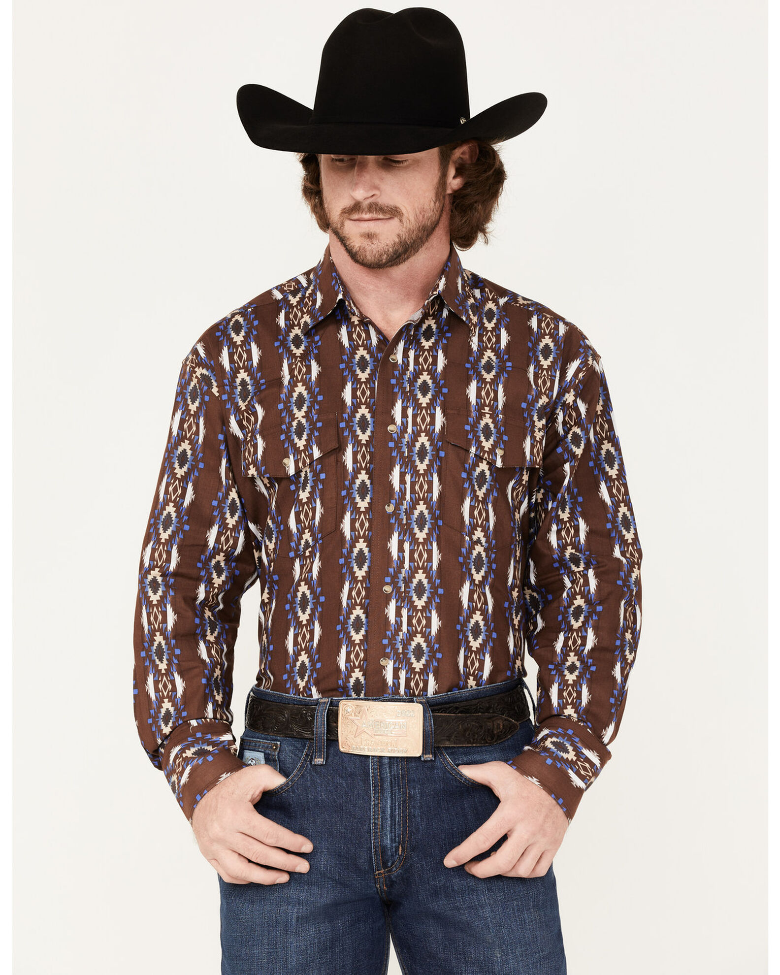 Wrangler Men s Checotah Southwestern Stripe Long Sleeve Snap Western Shirt
