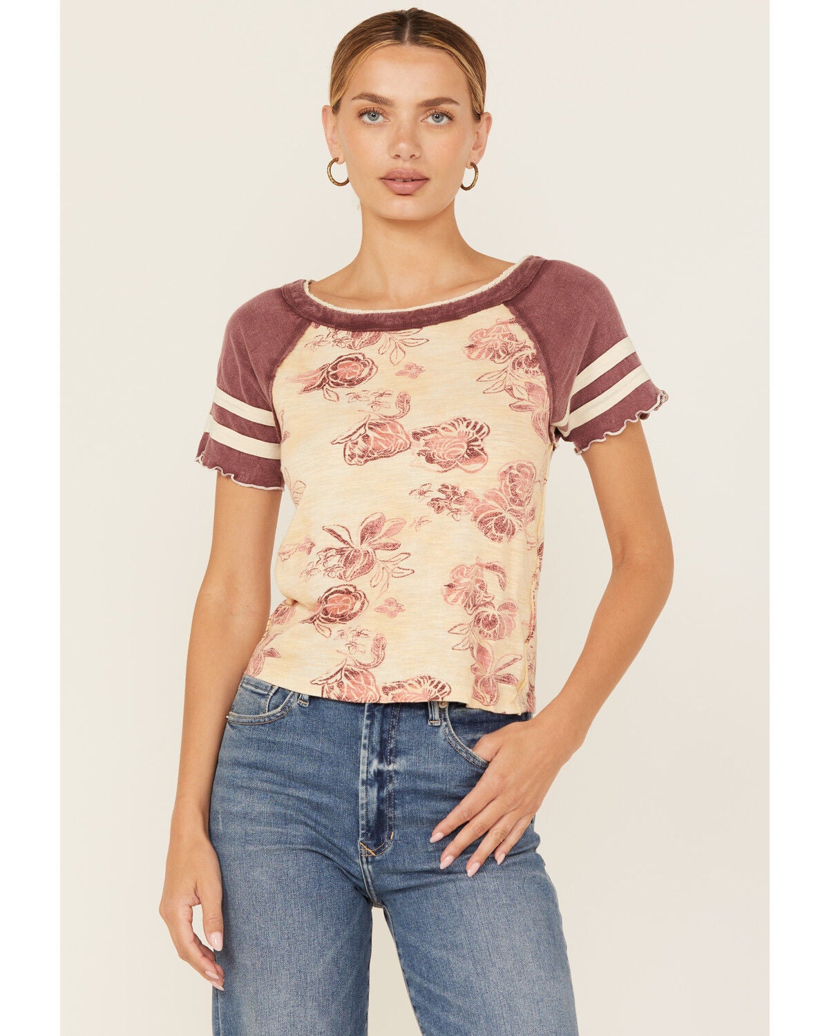 Free People Women's Wish You Were Here Floral Print Short Sleeve Tee, Tan, hi-res