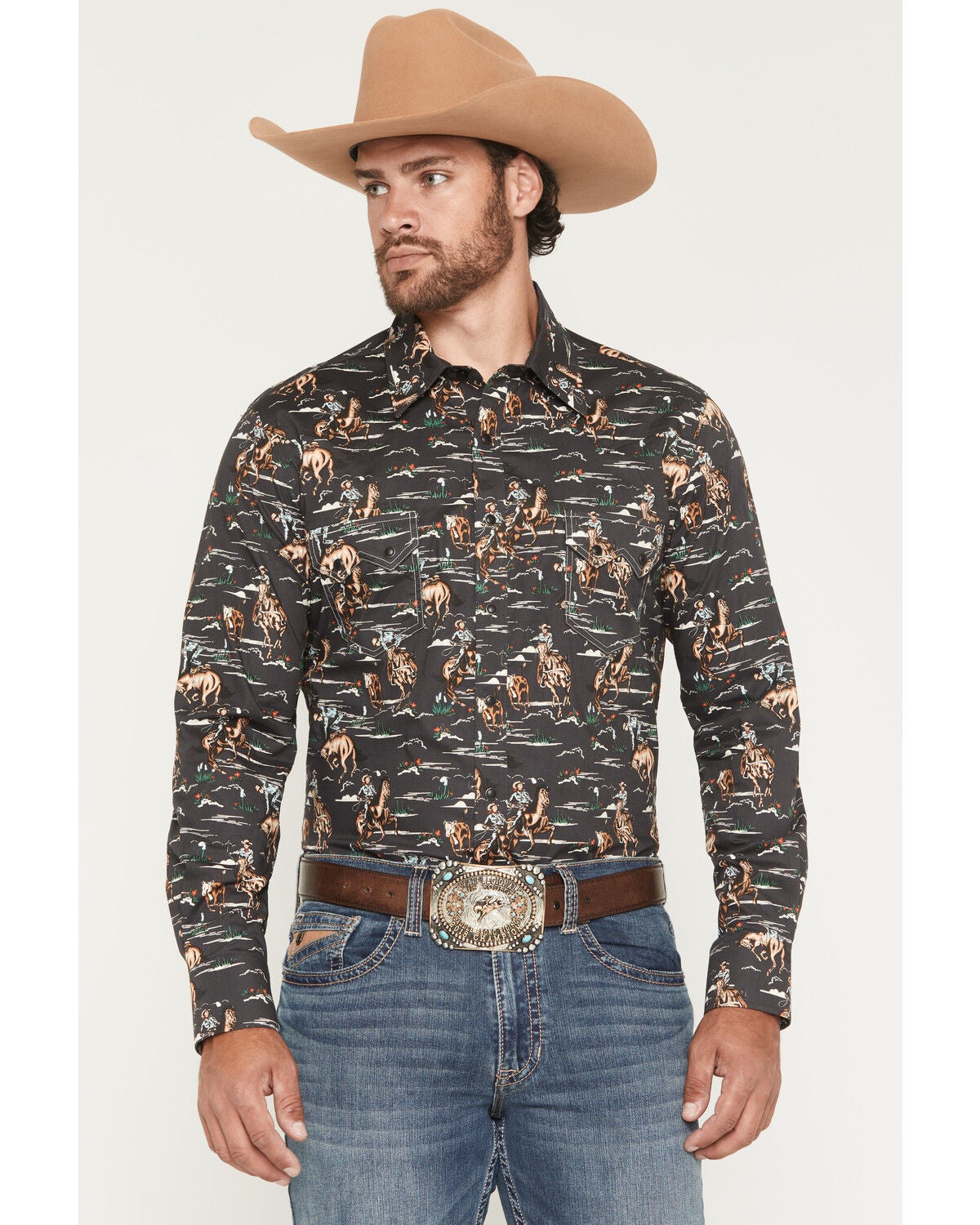 Rock & Roll Denim Men's Vintage Conversational Print Long Sleeve Snap Western Shirt, Charcoal, hi-res