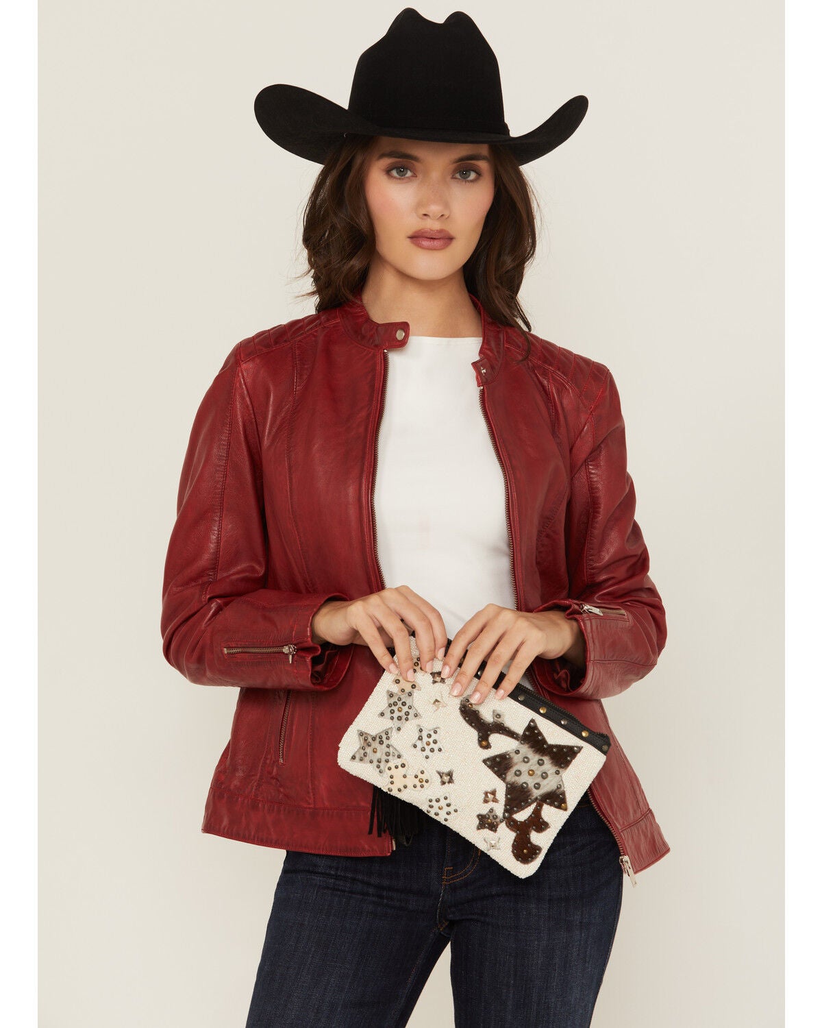 Shyanne Women's Tegan Seed Beaded Cowhide Wristlet Clutch, Black, hi-res