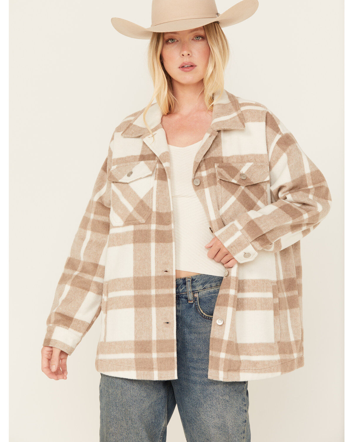 Image #1 - 26 International Women's Plaid Print Shacket, Tan, hi-res