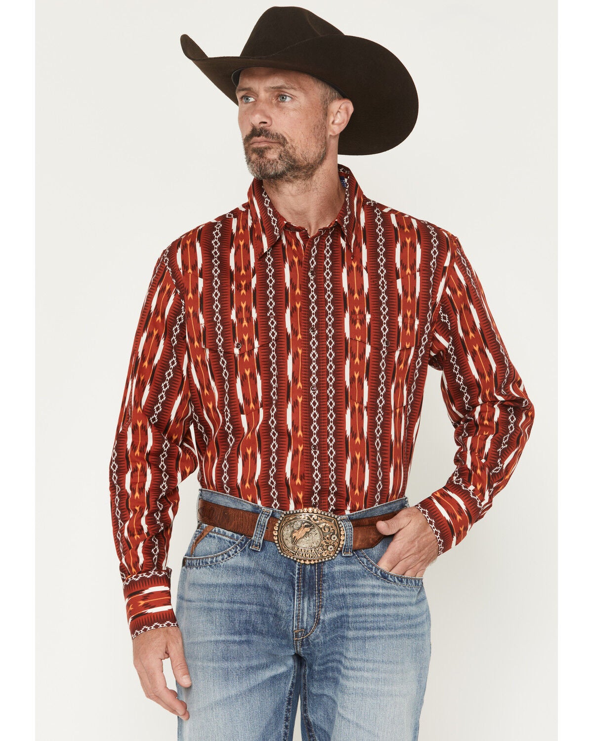 Image #1 - Wrangler Men's Checotah Southwestern Print Long Sleeve Snap Western Shirt, Red, hi-res